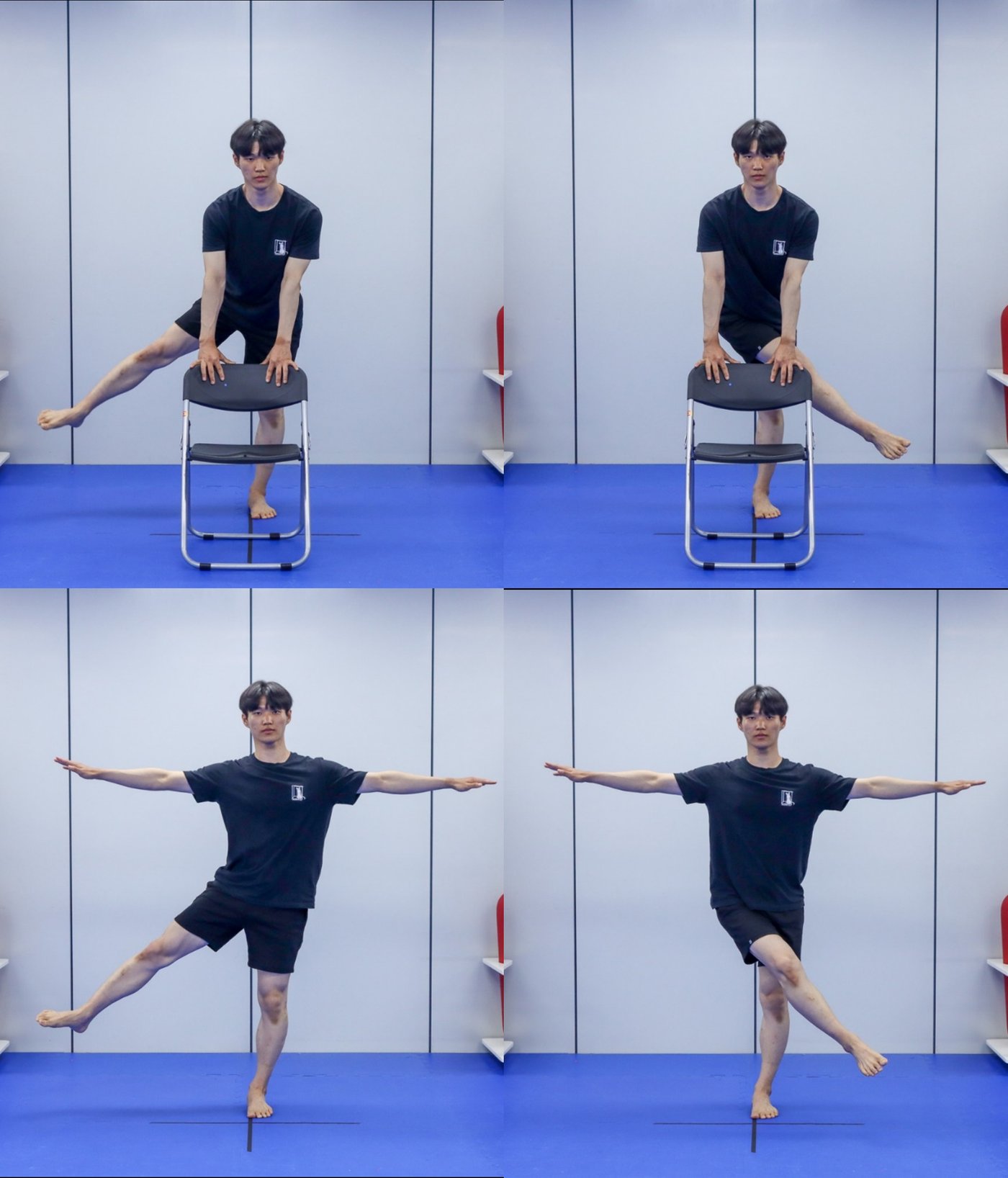 The author demonstrating a fall-prevention exercise, featured in the course teaching materials